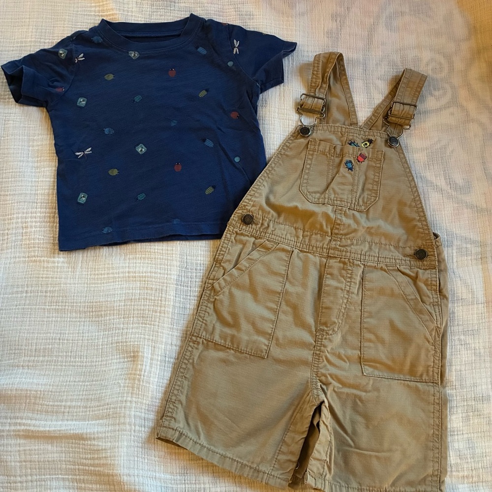 24M Carters Navy Bug Tee and Tan Short Overalls Set